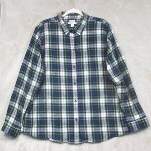LL Bean Women's Scotch Plaid Flannel Shirt Relaxed Fit Size XL Cotton Green Blue